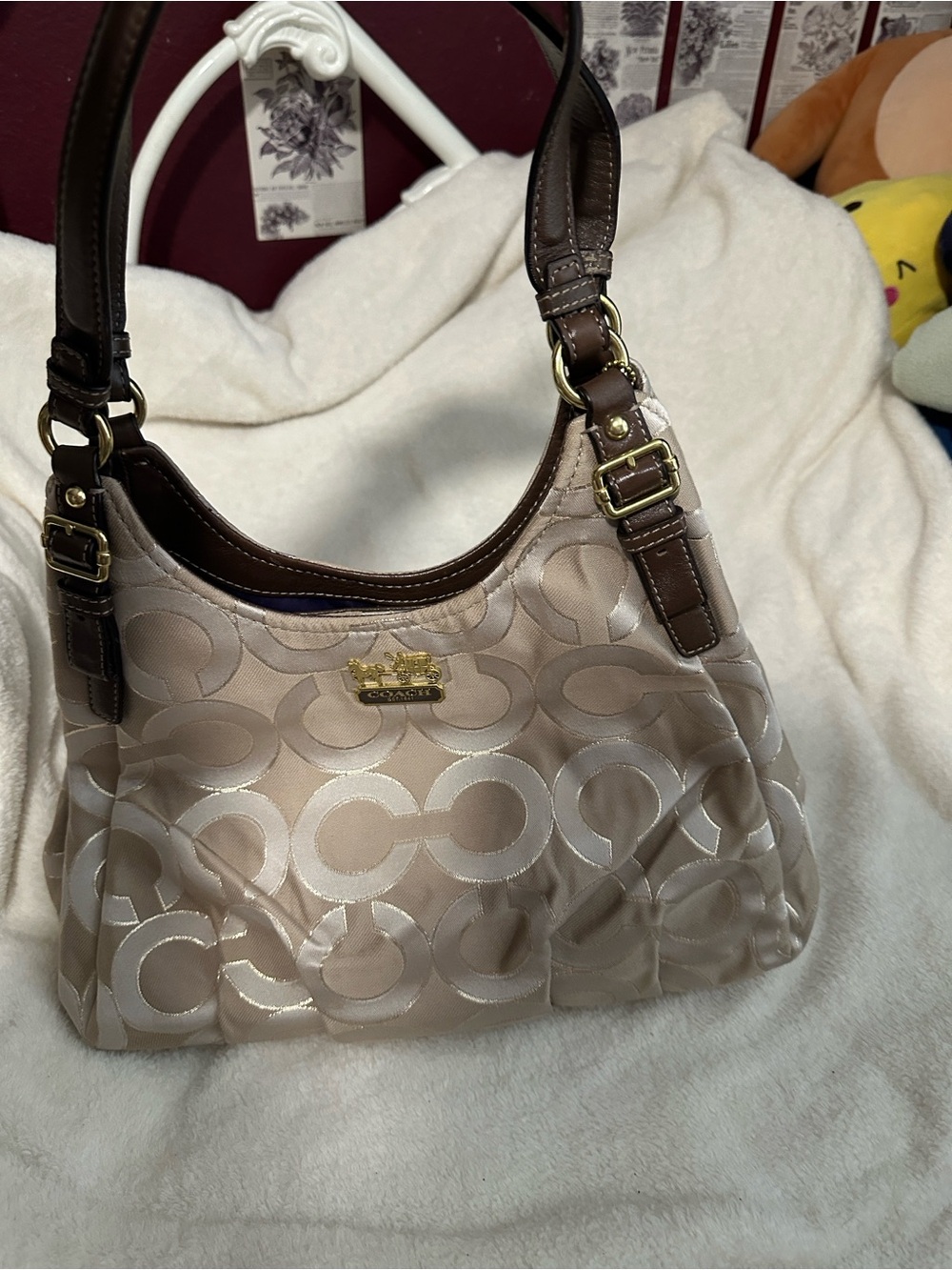 Coach Beige Signature Shoulder Bag with Brown Leather Trim